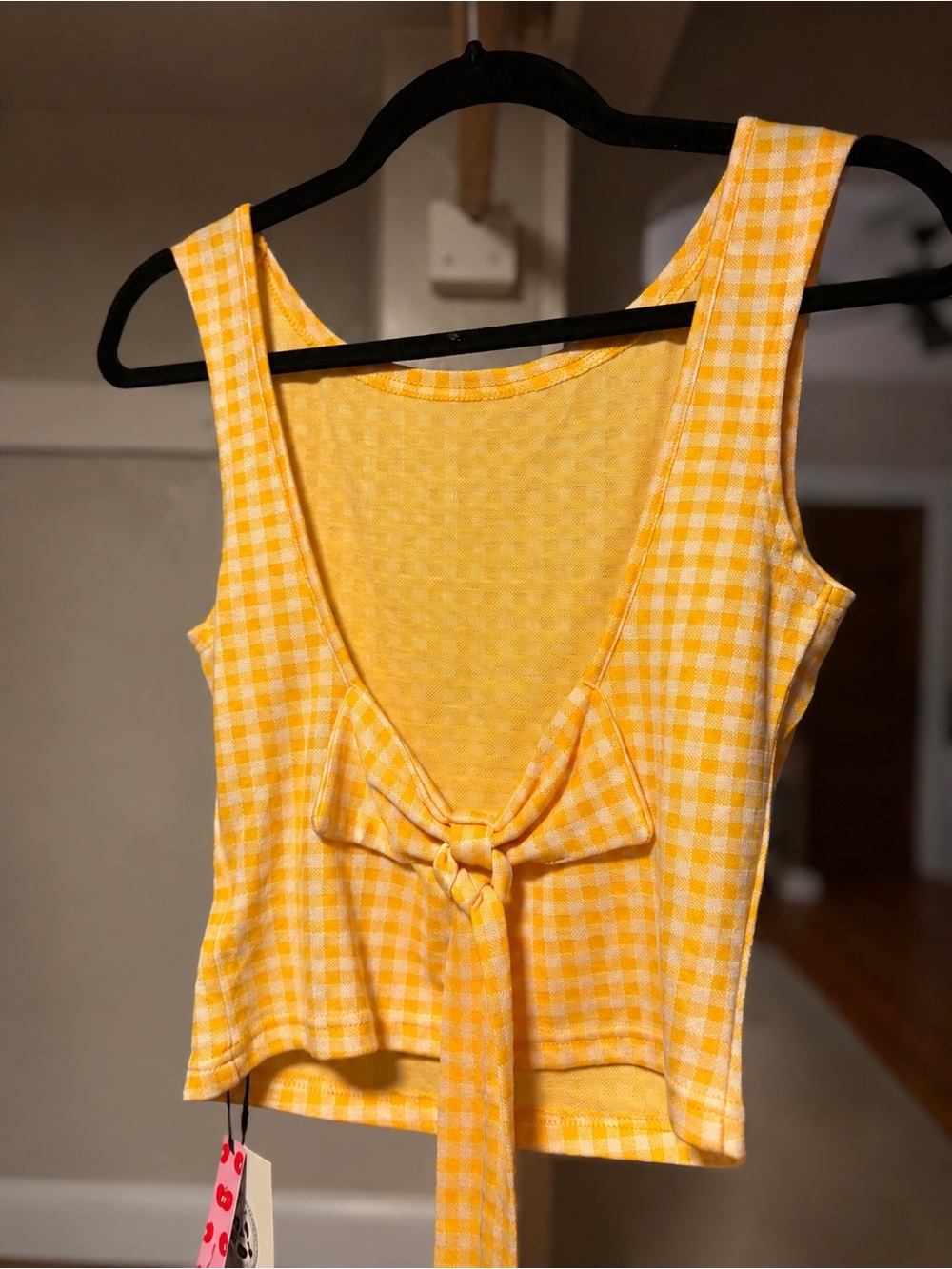 Cider Yellow Gingham Tie Back Crop Tank Top NWT